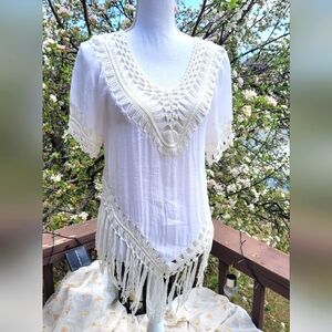 Vivid Importers White Crochet Fringe Top